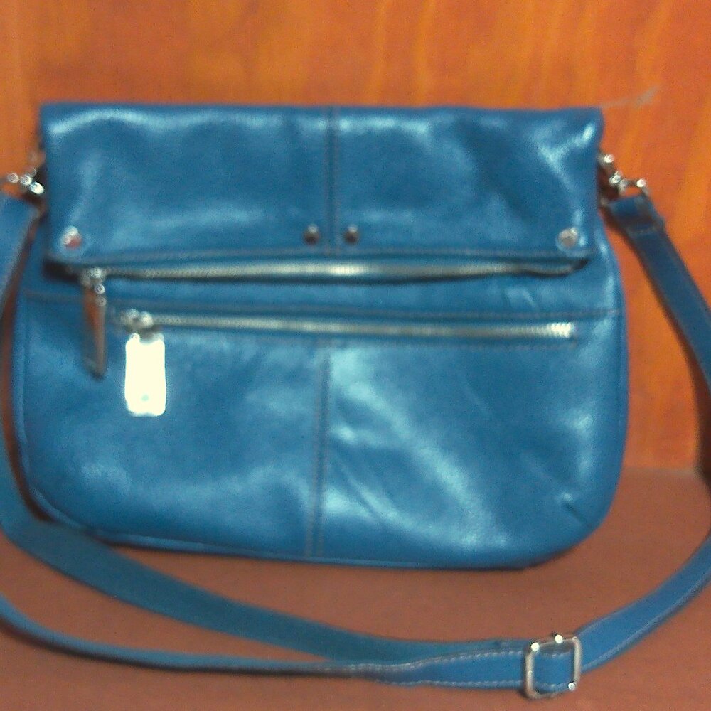 Tignanello Blue Pebbled Leather Flapover Crossbody Handbag